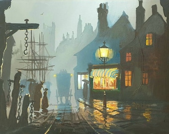 Victorian English Port Evening Street Scene With Shops By Cornish Artist Delon (Don) Hughes Original Oil On Stretched Canvas