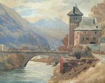 Victorian Landscape Watercolor Painting, 1880 L A Burns, European Castle Art