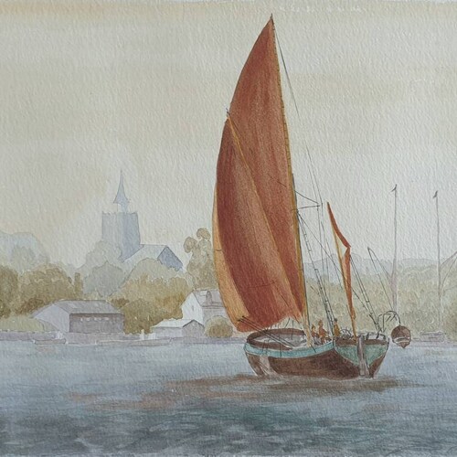 Thames Barge shops Under Sail On an Essex Estuary, England, Original Watercolour