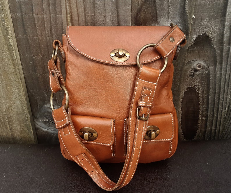French Connection Brown Leather Satchel Shoulder Bag Vintage Etsy UK