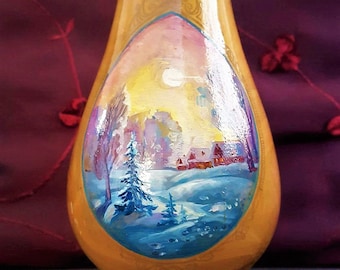 Scandinavian Snow Landscape Hand-Painted, Hand Turned Wooden Bespoke Vase