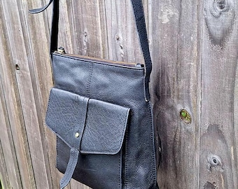 Black leather cross body satchel messenger bag, shoulder purse