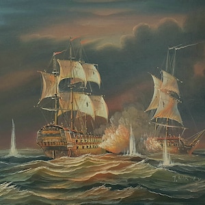 Galleon Ships In Raging Sea Battle, Evening Time, Original Oil Painting, Nautical Artist J. Harvey, English Galleon Under Fire Painting