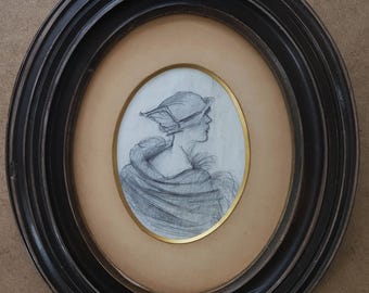 Art Deco Lady Graphite Drawing, Antique Oval Frame, 1920s Fashion