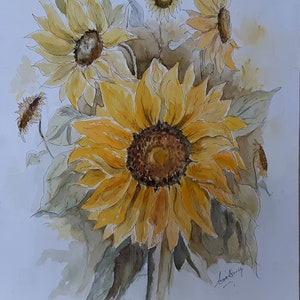 Sunflower Watercolour Original Painting On Paper Signed By The Artist