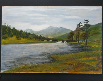 Capel Curig. Vista del monte Snowdon, Gales. Pintura al óleo original de paisaje.