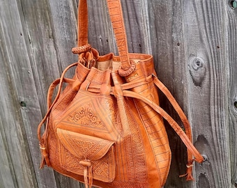 Vintage Tooled Leather Hobo Bag: 70s Moroccan Caramel Brown Purse