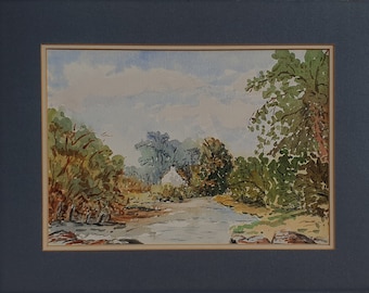 English Riverbank Cottage Watercolour Painting, Signed J Goldsmith, Mounted