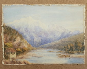 Antikes Original europäisches Aquarell Bergseelandschaft aus dem 19. Jahrhundert