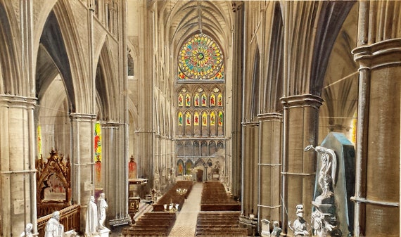 Westminster Abbey London Hand Painted Photograph Of Interior Transepts Looking South 1940 1950