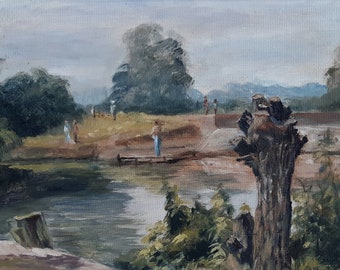 Paisaje antiguo inglés de ribera con figuras. Pintura al óleo original: firmada por I Partner.