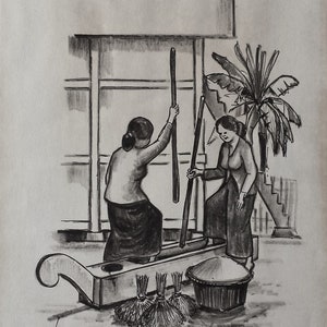 Indonesian Women Preparing Grain Original Pen And Ink Drawing Signed By Artist Hasan
