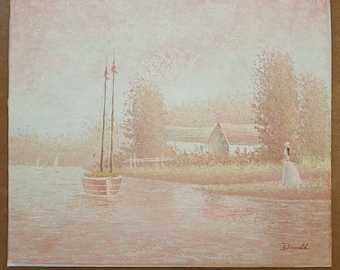 Pintura acrílica original de un velero romántico puntillista, paisaje ribereño inglés.