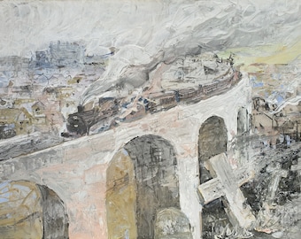 Viaducto de un tren de vapor en un pueblo industrial galés. Pintura acrílica original, arte oscuro.