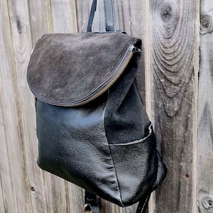 Puede incluir: Mochila de cuero negro con solapa de ante y cremallera dorada. La mochila tiene un pequeño bolsillo en la parte delantera y correas ajustables. La bolsa está colgada de una valla de madera.