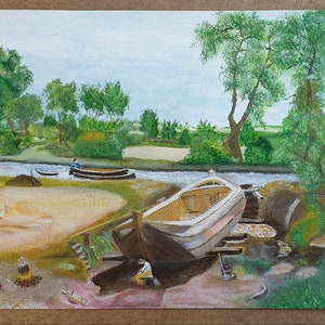 British Canal Barge Boatyard Painting: Acrylic and Oil Landscape