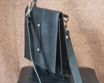 Vintage smooth black leather cross body messenger bag. Vintage Zara Satchel shoulder bag, Man Bag, Gift for Him Her.