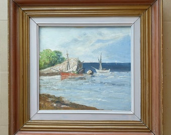 Greek Island Seascape Original OIl Painting with Boats Moored. Signed by the artist.