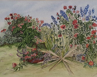 Garden Plants, Garden Flowers Original Watercolour Painting,  Still Life Floral Watercolour Painting,  Rose, Poppies, Lupins, Bluebells.