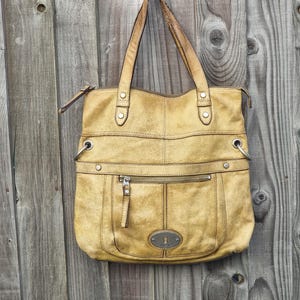 Vintage Fossil Schultertasche, Senfgelbes / grünes Leder, Fossil long live vintage Satchel Purse