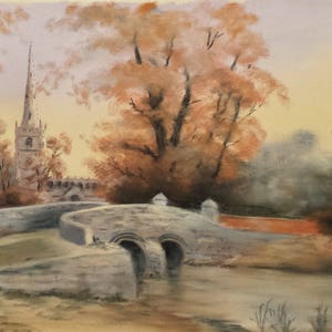 Surreal English Village Landscape Original Oil Pastel Painting signed by the artist R. E. White
