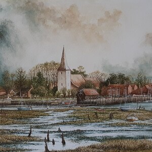 Bosham Quay Meadow, Chichester, England, Original Watercolour Gouache Painting Signed By Artist P. J. Williams 1990, Landscape watercolour