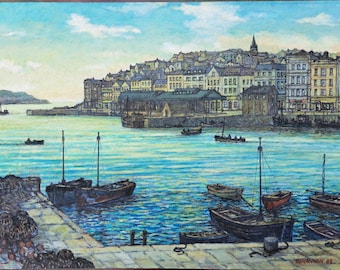 British Harbouf with houses and boats original oil painting