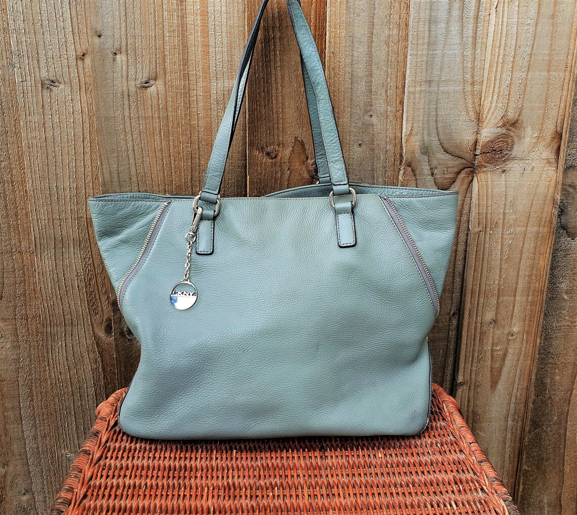 DKNY leather tote bag Donna Karan New York mid grey shoulder Etsy