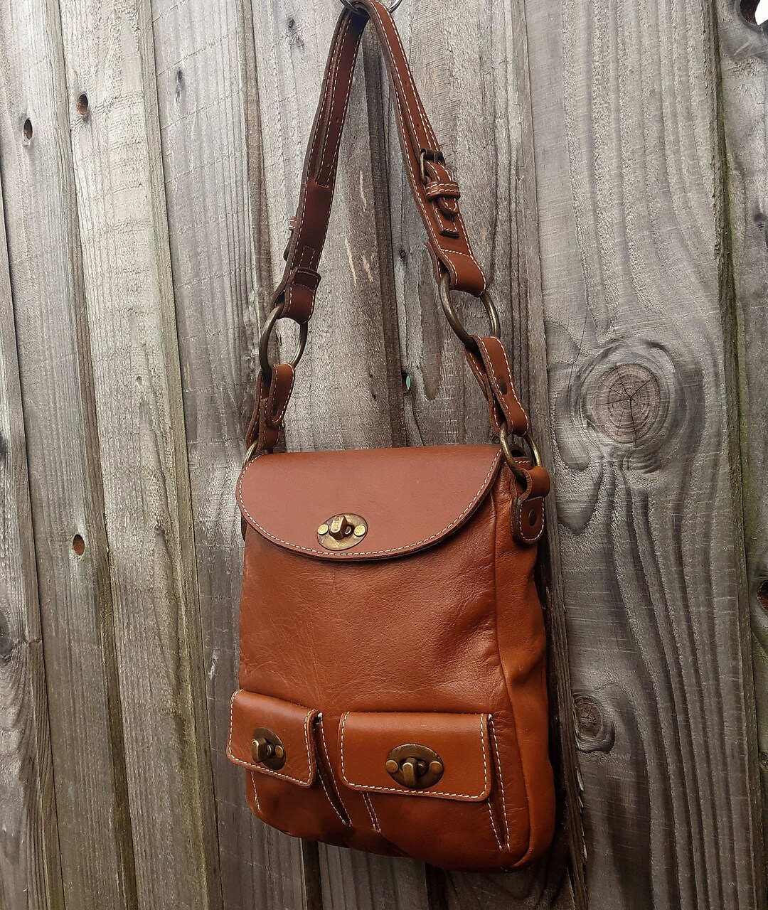 French Connection Brown Leather Satchel Shoulder Bag Vintage Etsy UK
