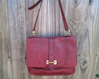 Fossil Burgundy Red Lambs Leather cross body satchel messenger bag, Maroon Embossed Lambs Leather shoulder purse