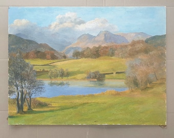 Lake District, Cumbria, England, Original Oil Painting: Lakeside Mountain Landscape by Henry Skipp
