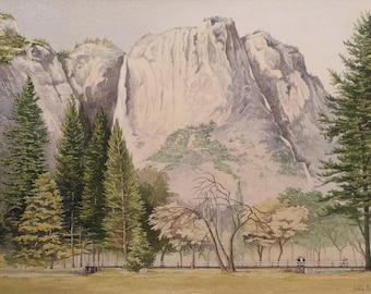 California, U.S.A, Upper Yosemite Falls Original Watercolour Painting Signed By Artist Leslie Bell 1983