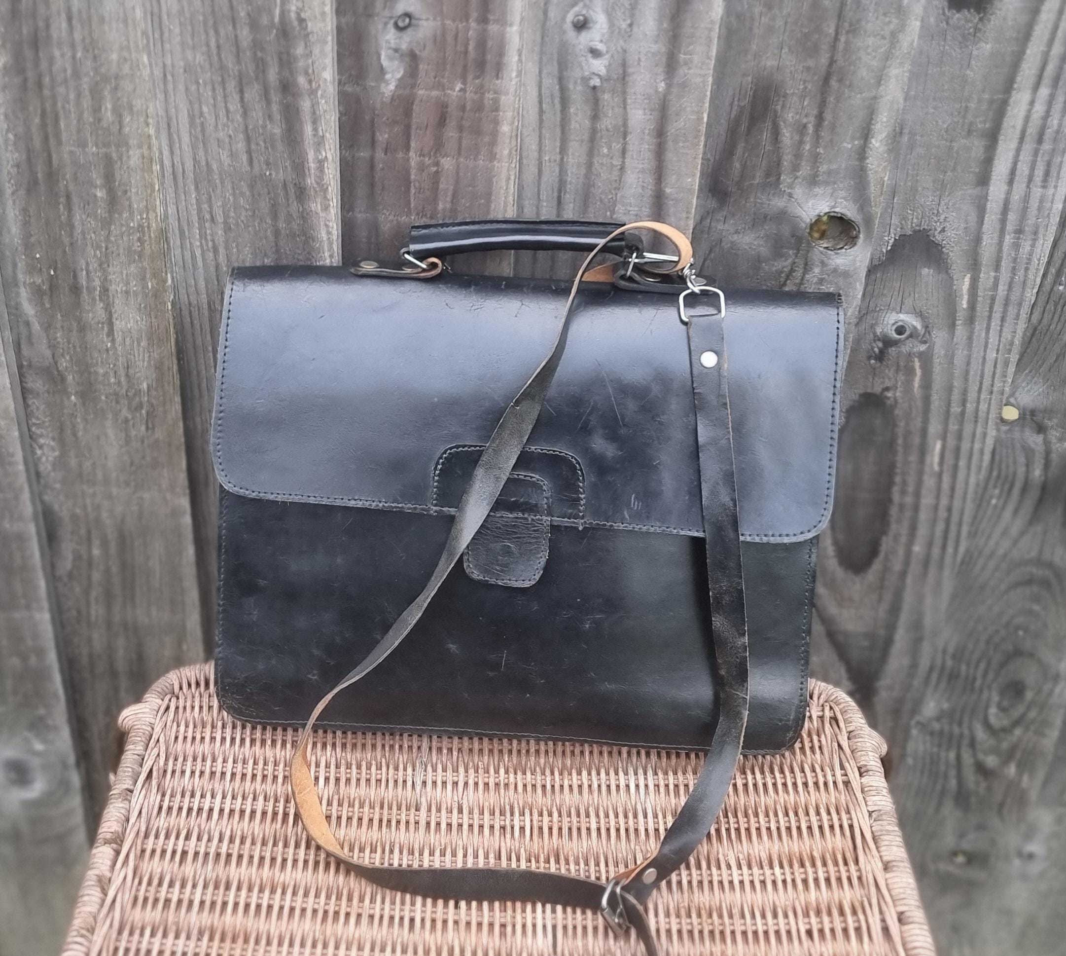Vintage 90s Black Leather Satchel Cross Body Shoulder Bag