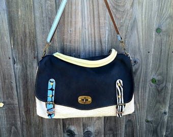 Large Satchel Messenger Bag, Top Handle plus cross body shoulder bag, Cinnamon Paris, multi colour. Black, White, Blue, Gold, Pink & lemon