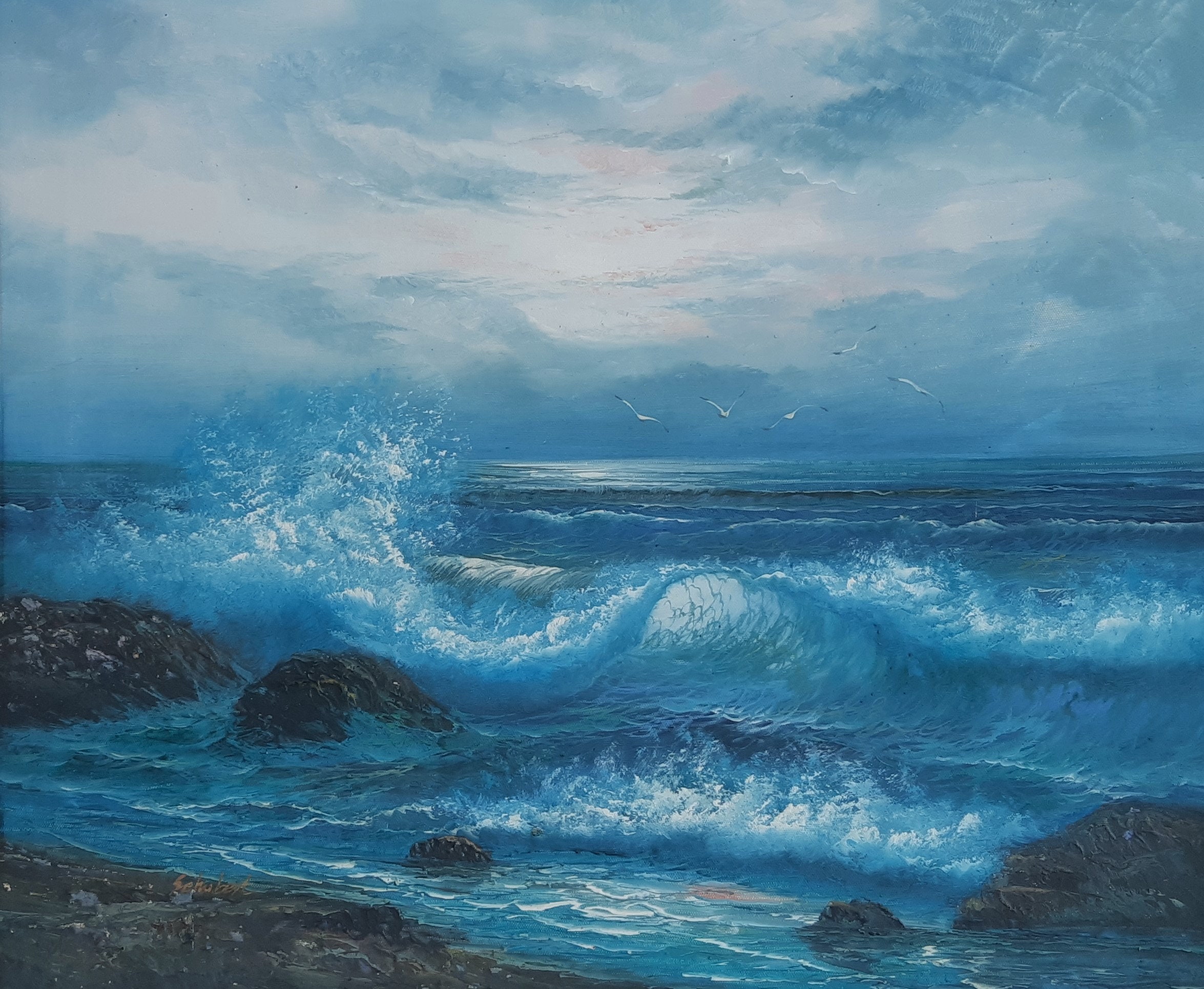 Rejewel sea art®(オーシャンアート) NO-29 Georg Schubert Moonlit Seascape Original Oil Painting, Breaking