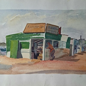 May include: Watercolour painting of a small shop with green and white walls and a brown roof. The shop has a sign that reads "R. Harvey & Son". A person stands near the shop's entrance. The painting is set against a light blue sky.