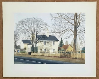 Pintura original en acuarela de una casa de campo inglesa: firmada, arte en gouache de mediados de siglo