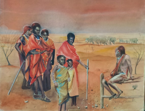 2076❣️ タイトル　(tribe) 油絵 African Tribal Scene Watercolor Painting by Olwyn Peacock (20x16
