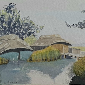 Norfolk Broads Traditional Boathouses Original Watercolour Painting