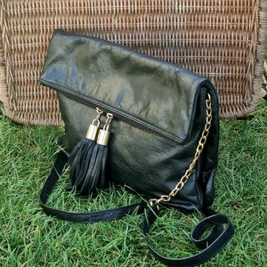 sac besace vintage en cuir noir Oasis, sac à main bandoulière messager, pompon avec sac en cuir rabattable en chaîne dorée, cadeau
