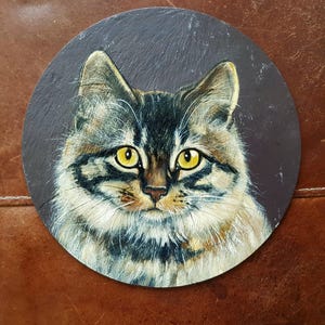 Peinture à l'huile originale de chat tigré à poil long sur ardoise, peinture originale de chat, art de chat de tigré, cadeau d'amant de chat, peinture à l'huile originale d'ardoise