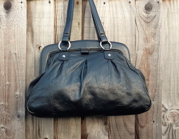 Black leather satchel tote bag, soft leather shoul