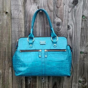 Modalu Pippa Bag, Turquoise Blue Croc Print Leather Satchel Bag