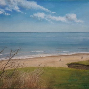 May include: Oil painting of a serene beach scene. The artwork depicts a sandy beach, calm blue ocean, and a bright blue sky with fluffy white clouds. Green grass and bare trees frame the beach.