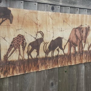 African Vintage Hand Drawn Original Batik Signed By The Artist With Giraffe, Elephant, Antelope And Bison On Quality, Heavyweight Canvas