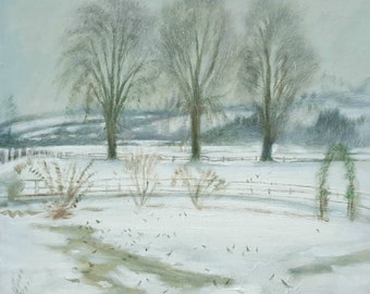 Después de Edward Seago (1910-1974), Paisaje invernal de jardín nevado con pájaros, pintura al óleo original.