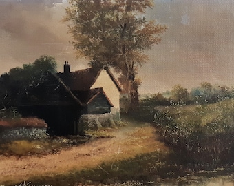 English, East Anglian Original Oil  Landscape Painting By Alfred. W. Saunders 1908-1986, Antique Oil Landscape, Farmhouse And Barn Painting