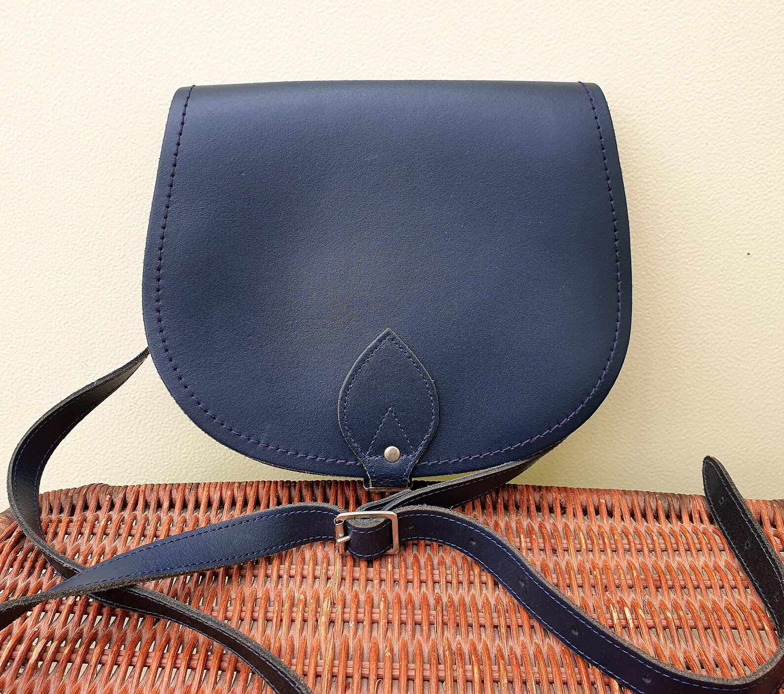 Navy blue leather saddle messenger bag cross body satchel Etsy