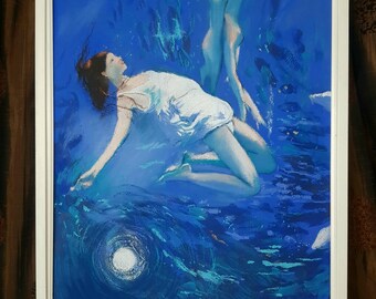 Pintura original al óleo pastel "Mujeres nadando bajo el agua", de la artista Katy Bailey, británica, enmarcada.