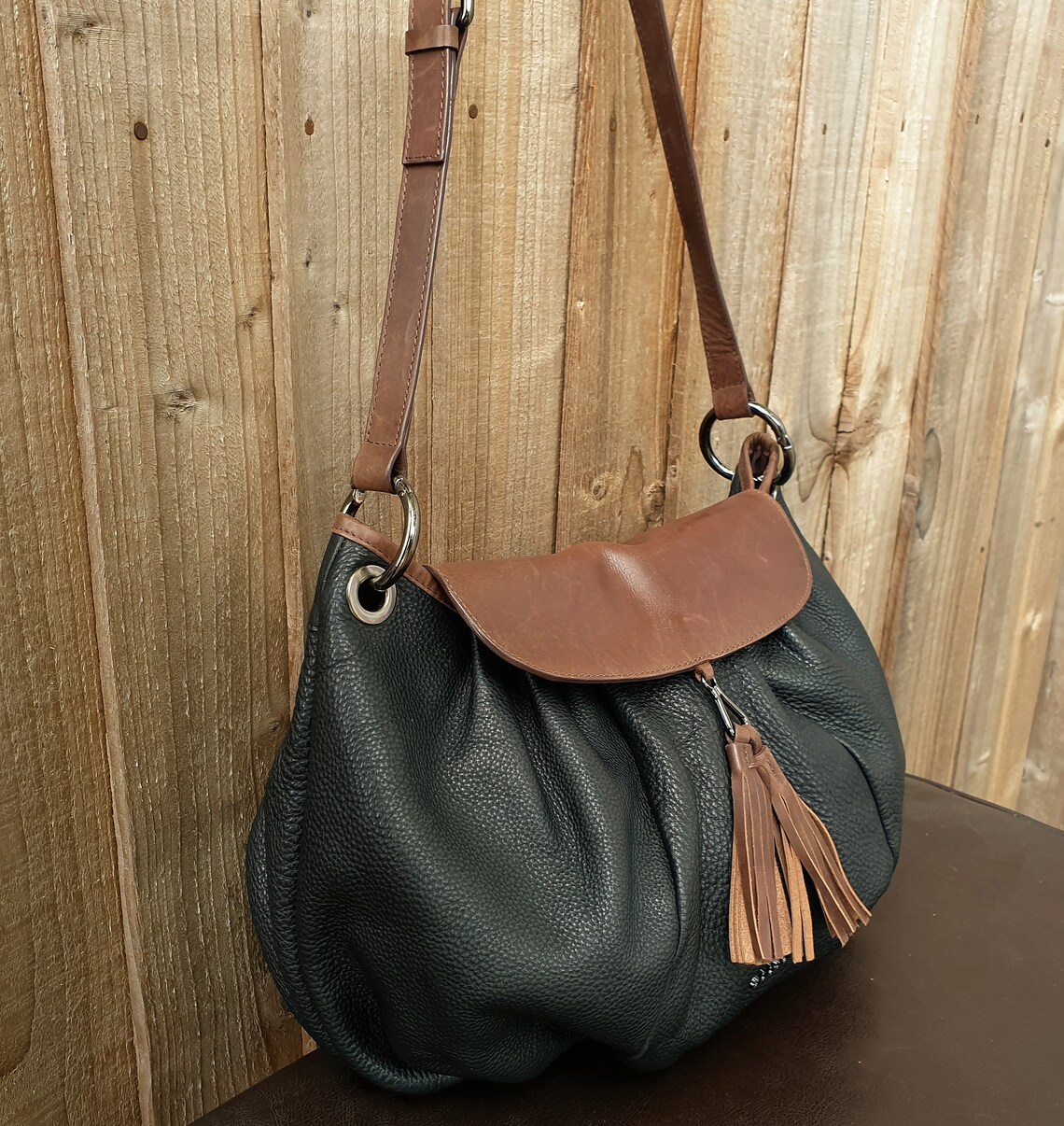 Leather hobo messenger bag Abbacino black and brown leather Etsy